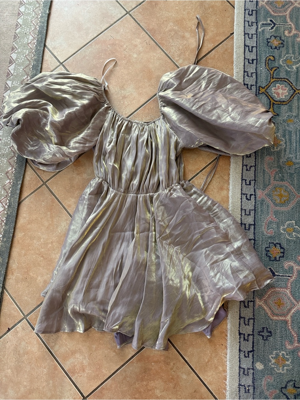 ARULA Shimmery Lilac and Gold Puff-Sleeve Party Dress